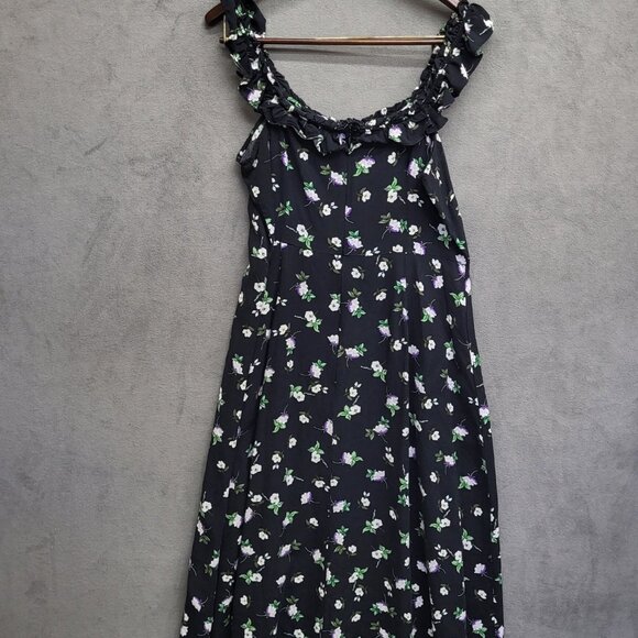 Loft Black Midi Dress Women's size 12 Floral Ruffle Square‎ Neck - Picture 2 of 4